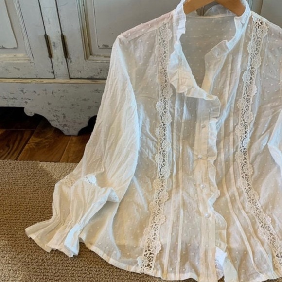 New Swiss Dot Cotton Lace Long Sleeve Button Front Romantic Blouse Top Blouse - Picture 6 of 7